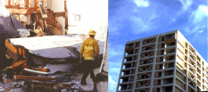 images of earthquake-damaged building and reinforced building