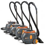 Four round grey-and-orange vacuums
