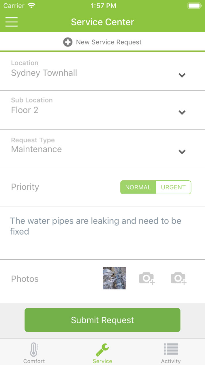 Maintenance app service request screenshot