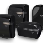 Four shiny black paper towel and tissue paper dispensers