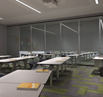 Two classrooms separated by a glass wall partition