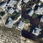 Aerial view of a neighborhood split into before and after disaster