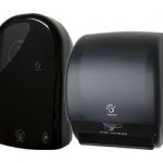 Rounded black touchless dispensers for paper towels, toilet paper
