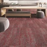 Duracolor Tricor carpet fiber shown in Mohawk's Rise Up carpet tile, with furniture