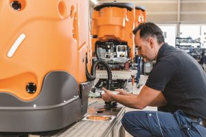 There are several different types of autonomous floor machines: Robots completely built from scratch; new floor machines on which robotic equipment is added on the assembly line; and existing machines retrofitted with robotic equipment. Photo courtesy Diversey, Inc.