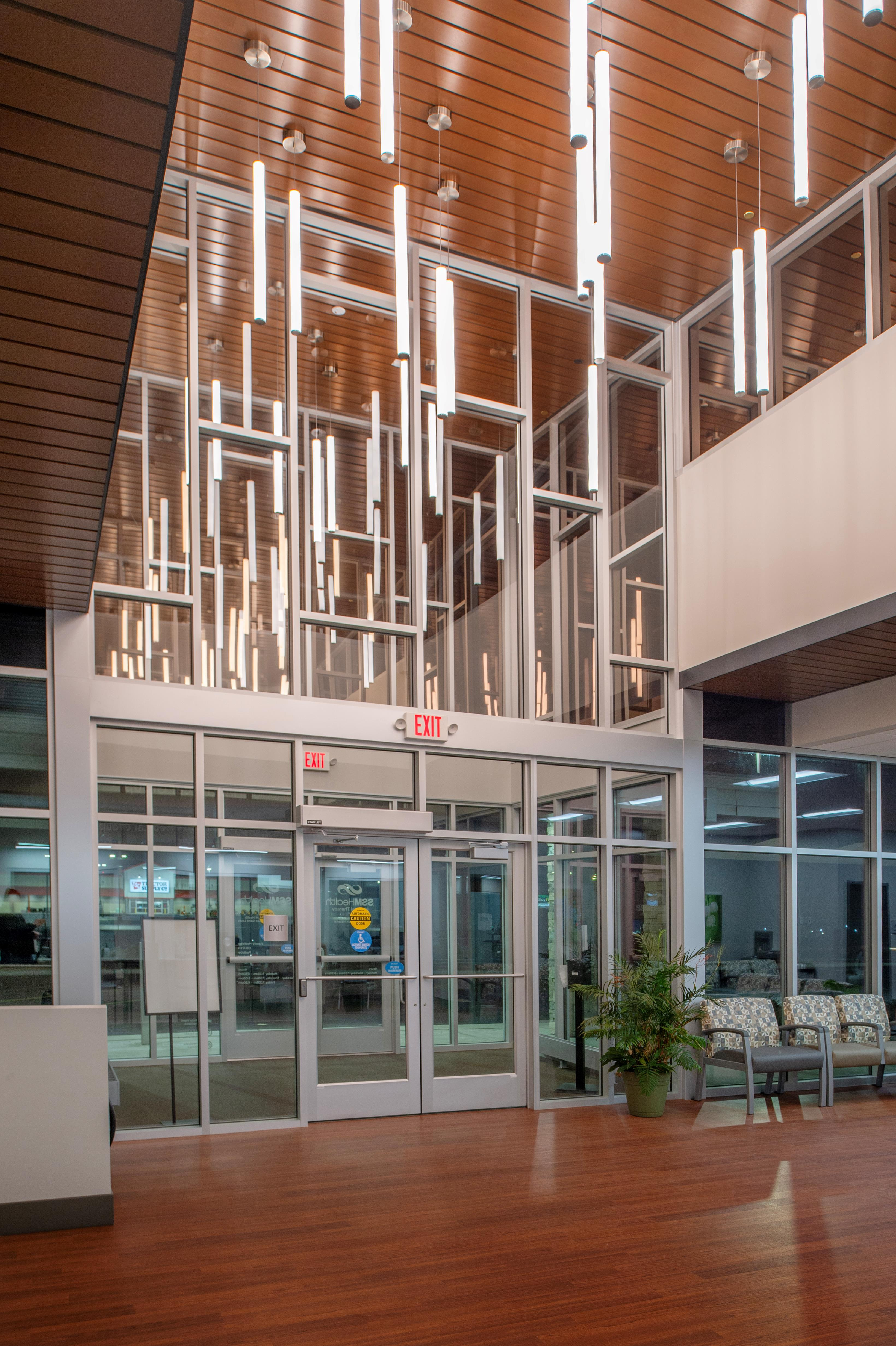 Interior view of the full-glass enclosure of the Warrenton Outpatient Center