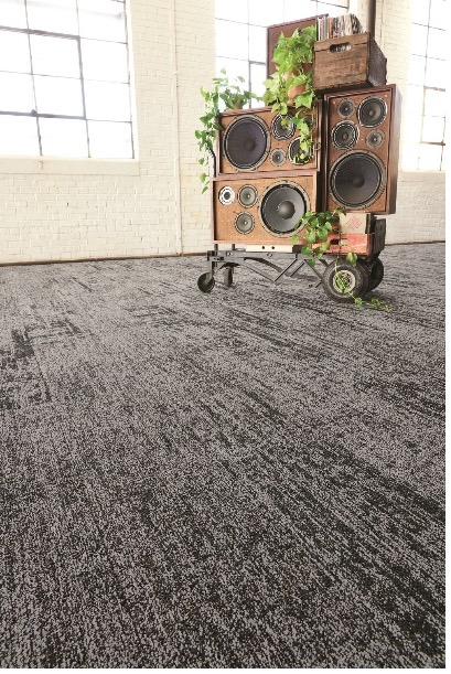 Gray Major Frequency carpet tile with whimsical wooden speaker system