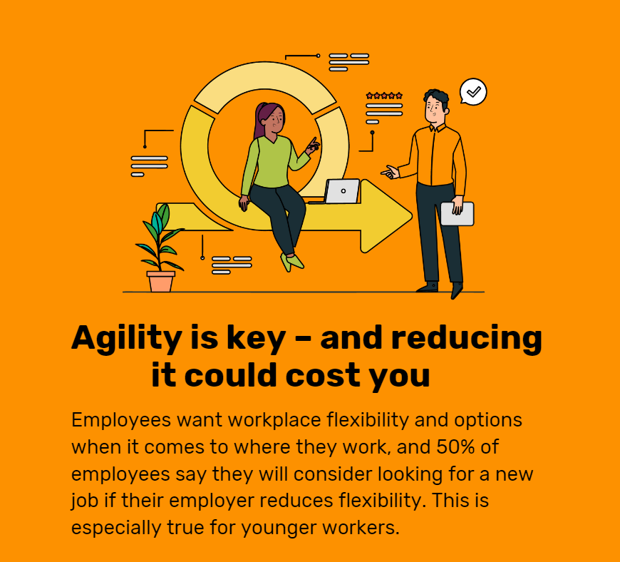 Eagle Hill Consulting orange graphic - "Agility is key" with illustration of a man and woman