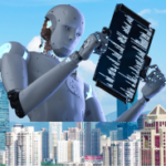 OSCRE AI image of a humanoid robot reading a digital screen, with buildings