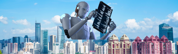 OSCRE AI image of a humanoid robot reading a digital screen, with buildings