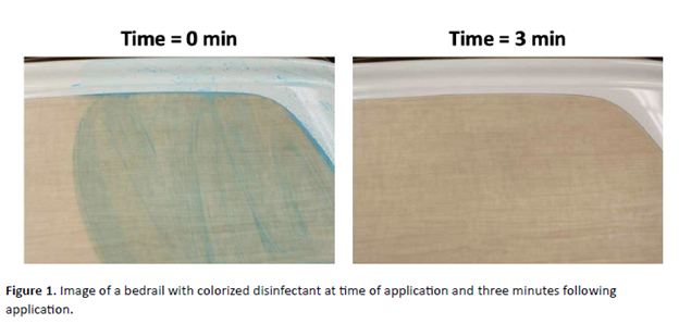 Image from study: Colorized disinfectants when first applied (bluish) and after 3 minutes (color almost gone)