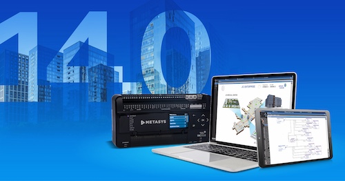 "14.0" on blue background, with Johnson Controls Metasys hardware, and software shown on 2 devices