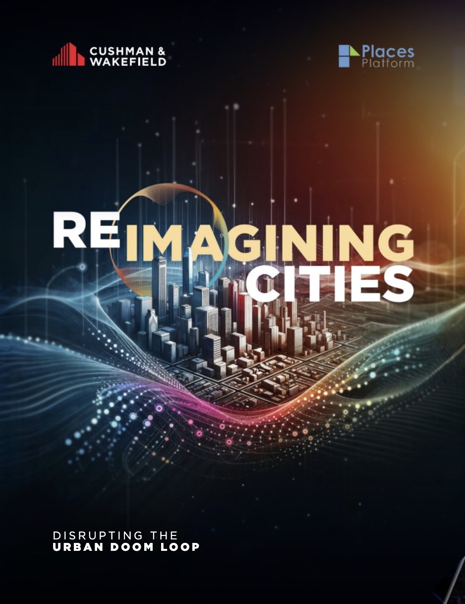 Cover for Reimagining Cities: Disrupting the Urban Doom Loop report, with city buildings surrounded by colorful swirls