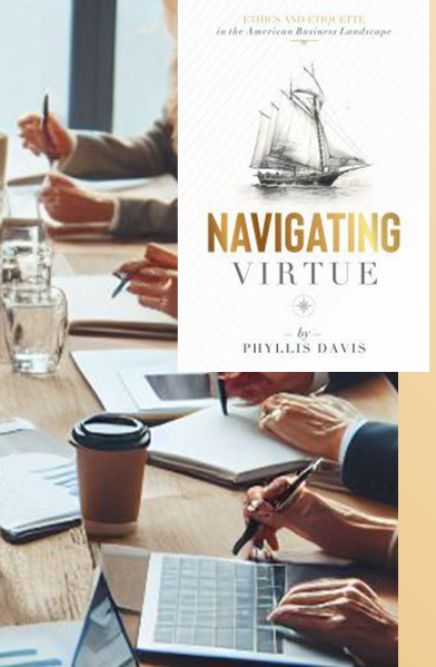 Navigating Virtue ethics and etiquette book cover against a meeting table