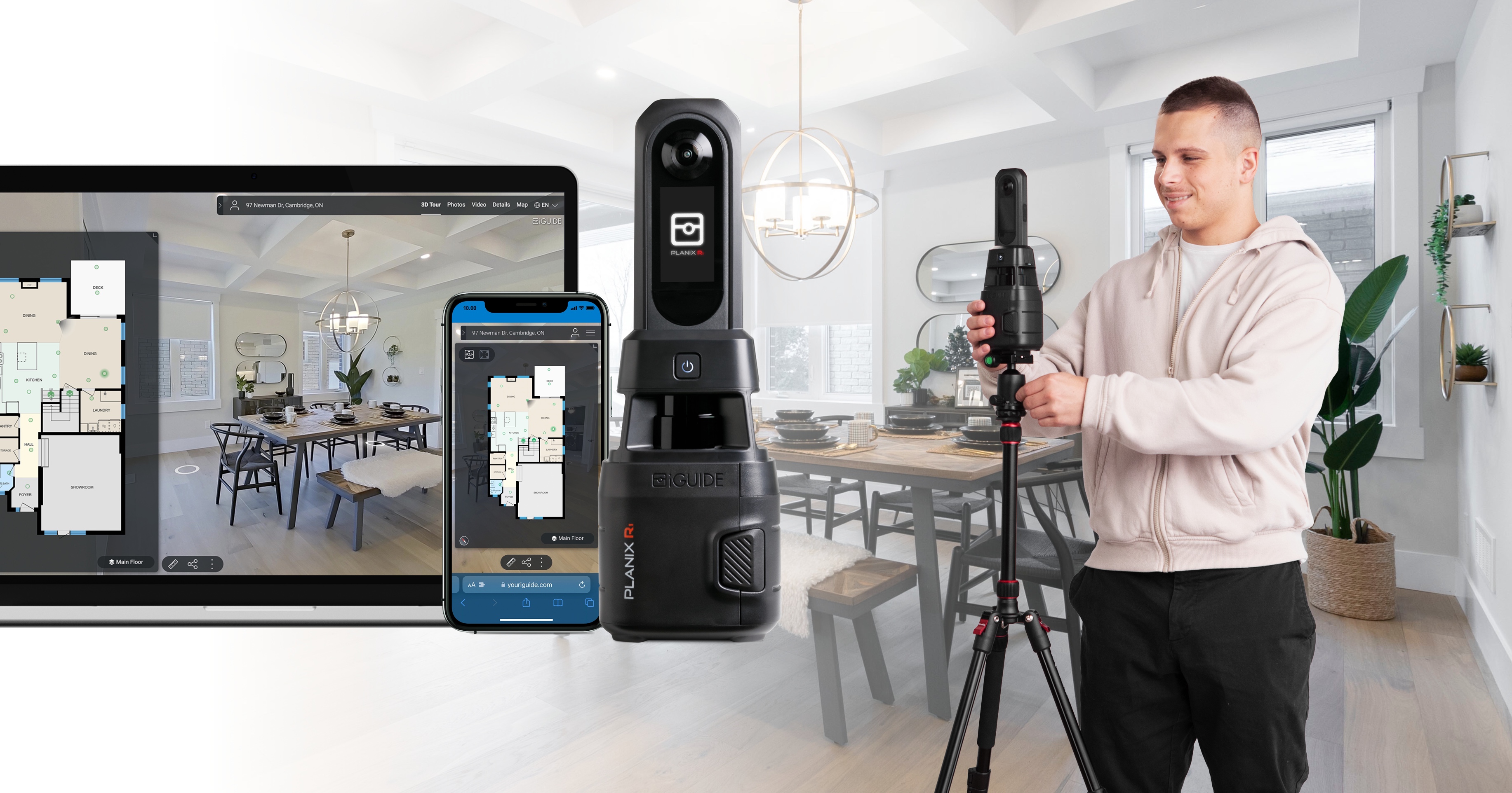 iGUIDE PLANIX R1 camera system. Shows screenshots of 2 devices, camera equipment, and man using camera