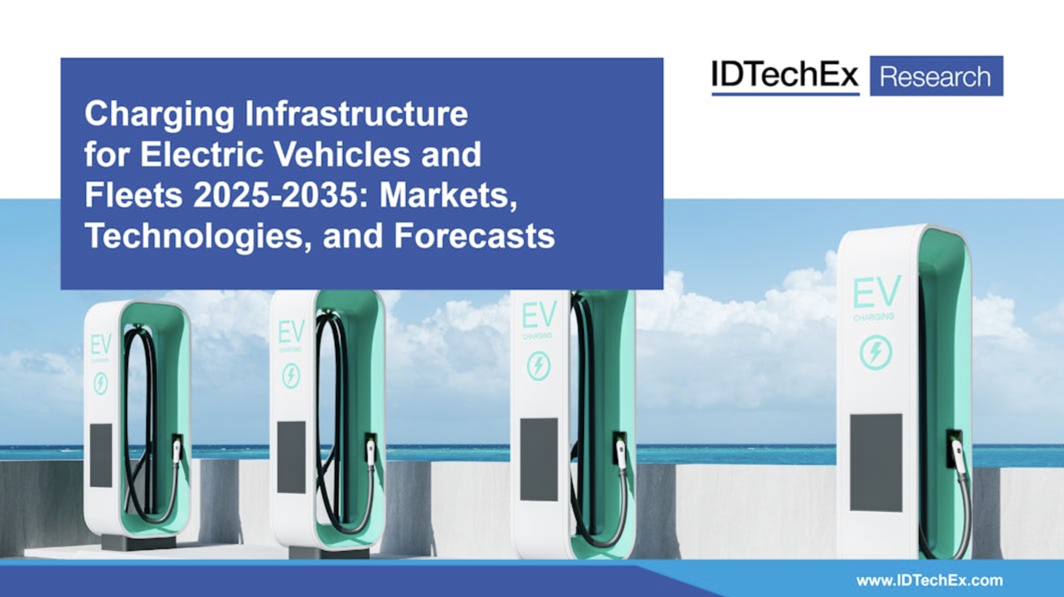 IDTechEx research cover, with title on blue block above 4 EV chargers.