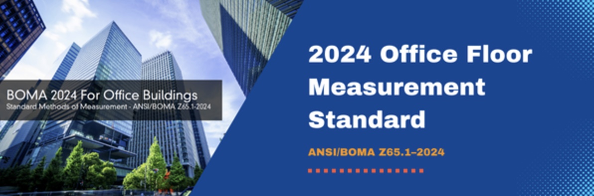 BOMA 2024 for Office Buildings: Standard Methods of Measurement (ANSI/BOMA Z65.1-2024) office floor measurement standard (blue background, buildings on left)