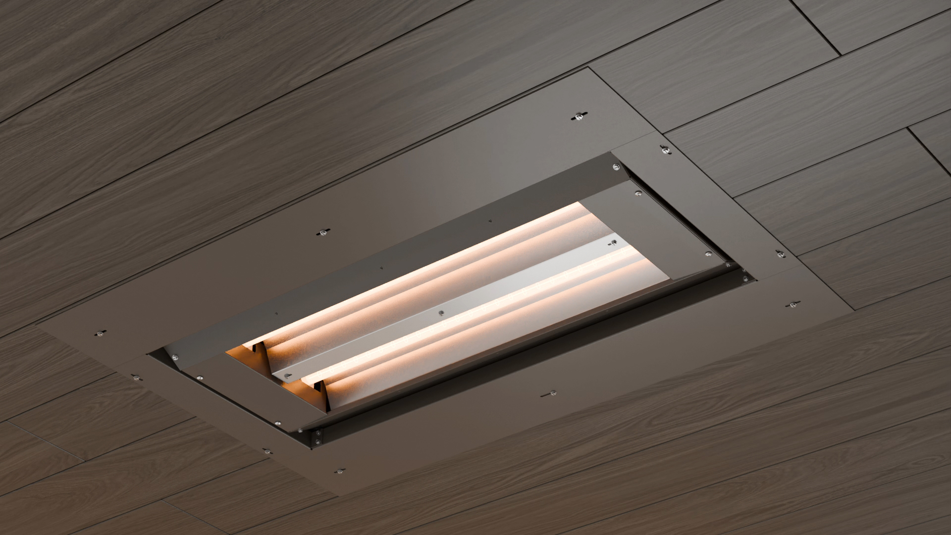 MEP Recessed Infrared Heater set into a brown wood plank ceiling